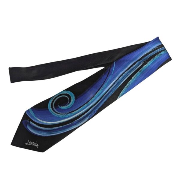 J. Garcia Butterfly Study Watercolor Black Blue Turquoise Silk Mens Neck Tie - Picture 2 of 4